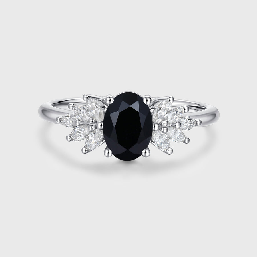 1.0Carat Oval cut Black Onyx Cluster Engagement ring