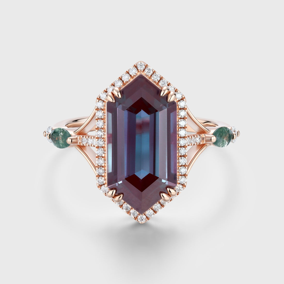 Nature Inspired Hexagon cut Lab Alexandrite Engagement Ring