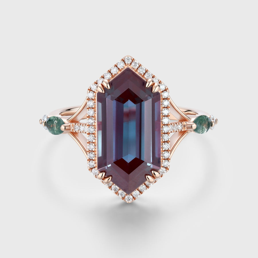 Nature Inspired Hexagon cut Lab Alexandrite Engagement Ring