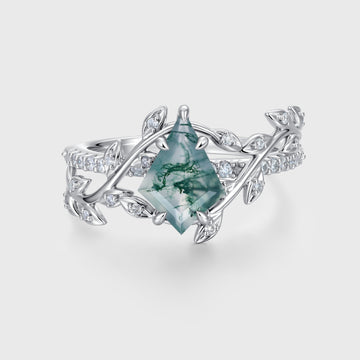 Kite Cut Natural Green Moss Agate Cluster Engagement Ring
