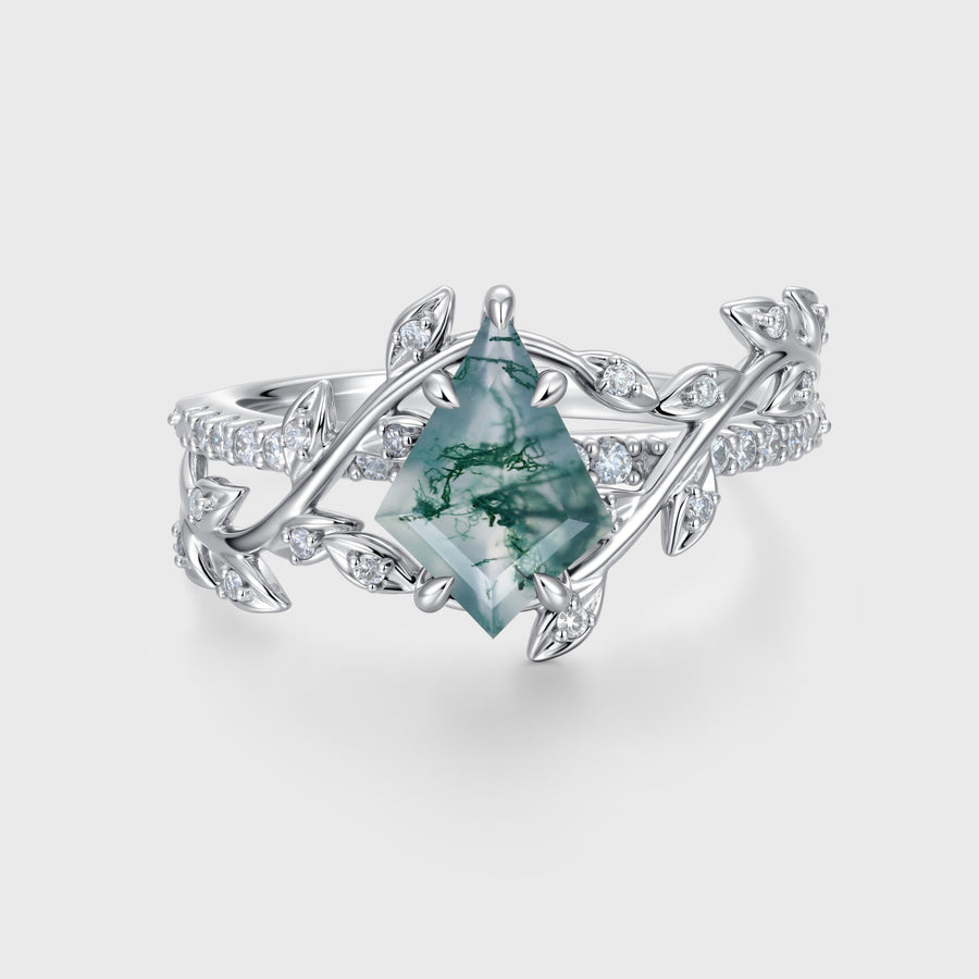 Kite Cut Natural Green Moss Agate Cluster Engagement Ring