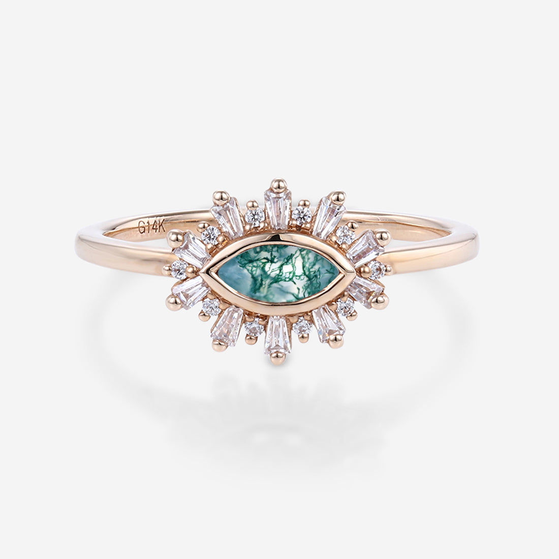 Bezel setting Marquise cut Moss Agate Halo Moissanite | Diamond Gold Engagement Ring