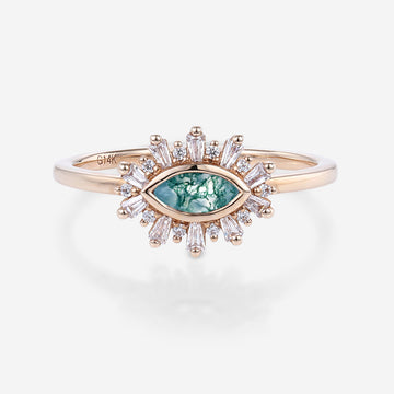 Bezel setting Marquise cut Moss Agate Halo Moissanite | Diamond Gold Engagement Ring