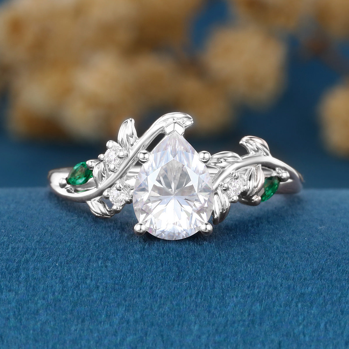 Nature Inspired Pear cut Moissanite + Lab Emerald Engagement Ring