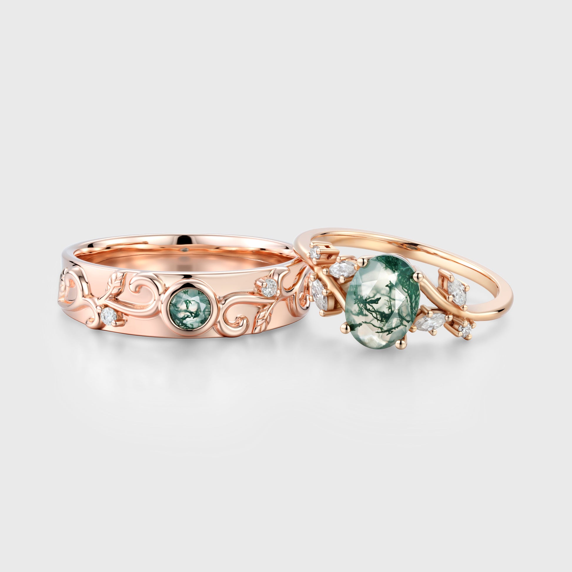 Forever Glow Moss Agate Couple Rings | Rose Gold Leaf Wedding Bridal Set
