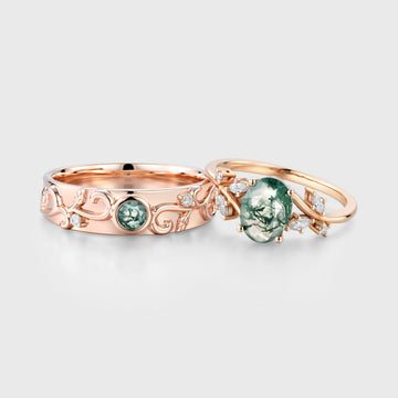 Forever Glow Moss Agate Couple Rings | Rose Gold Leaf Wedding Bridal Set