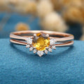 Round cut Citrine Cluster Engagement ring Bridal Set 