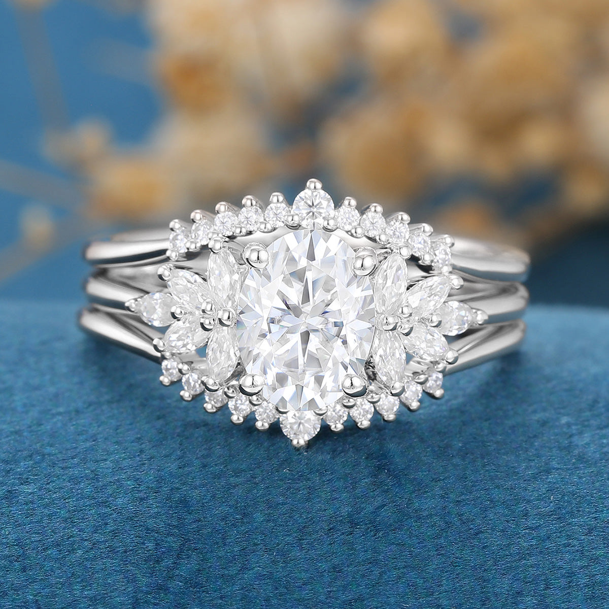 3PCS Oval  cut Moissanite Cluster Engagement ring Bridal Set
