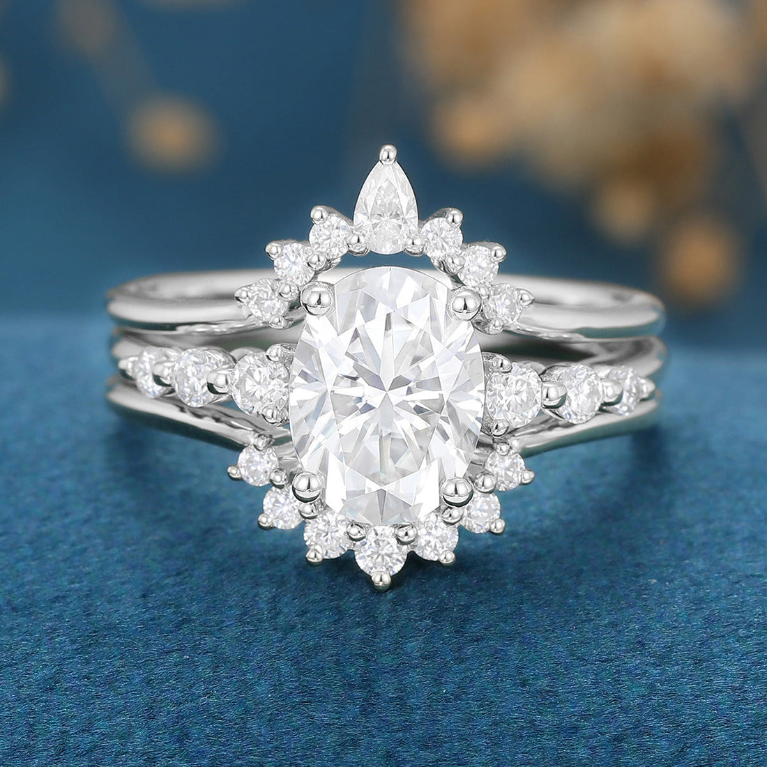 2PCS 1.5 Carat Oval cut Moissanite Engagement ring Bridal Set