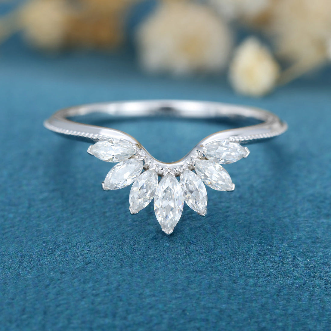 Marquise cut Moissanite Curved Wedding Band
