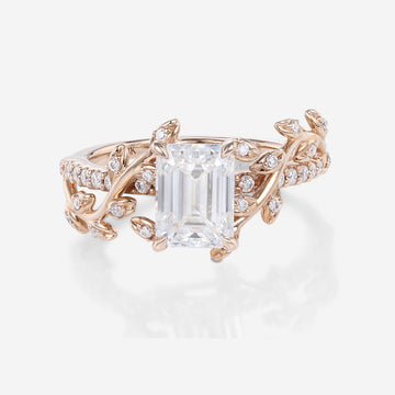 Nature Inspired Emerald cut Moissanite Leaf Gold Engagement Ring