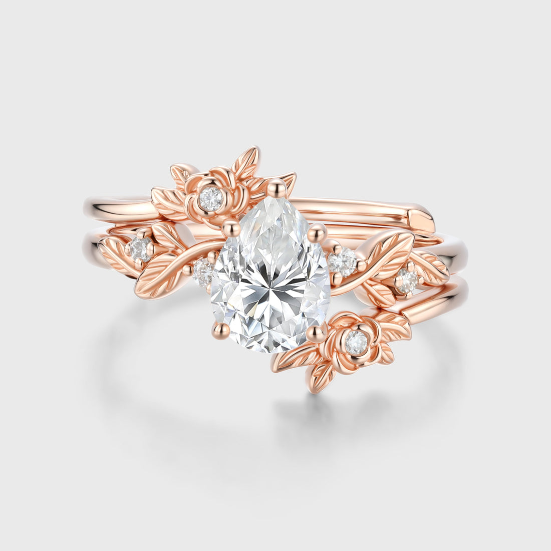 Nature Inspired Pear cut Moissanite Side Stone Bridal Set