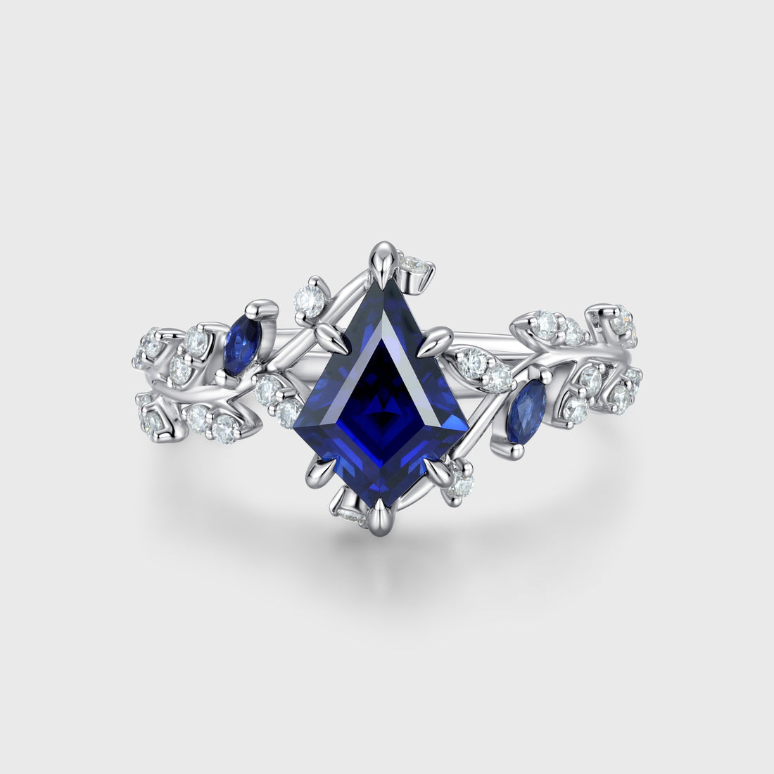 Nature Inspired Kite cut Lab Blue Sapphire Leaf Gold Engagement Ring