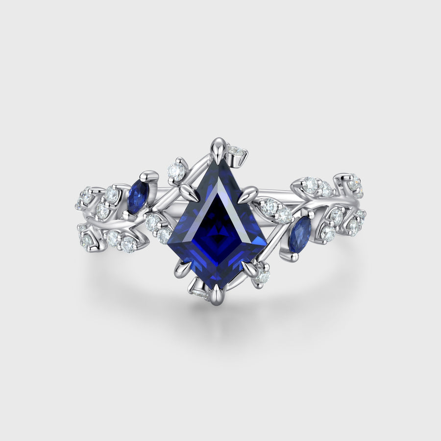 Nature Inspired Kite cut Lab Blue Sapphire Leaf Gold Engagement Ring