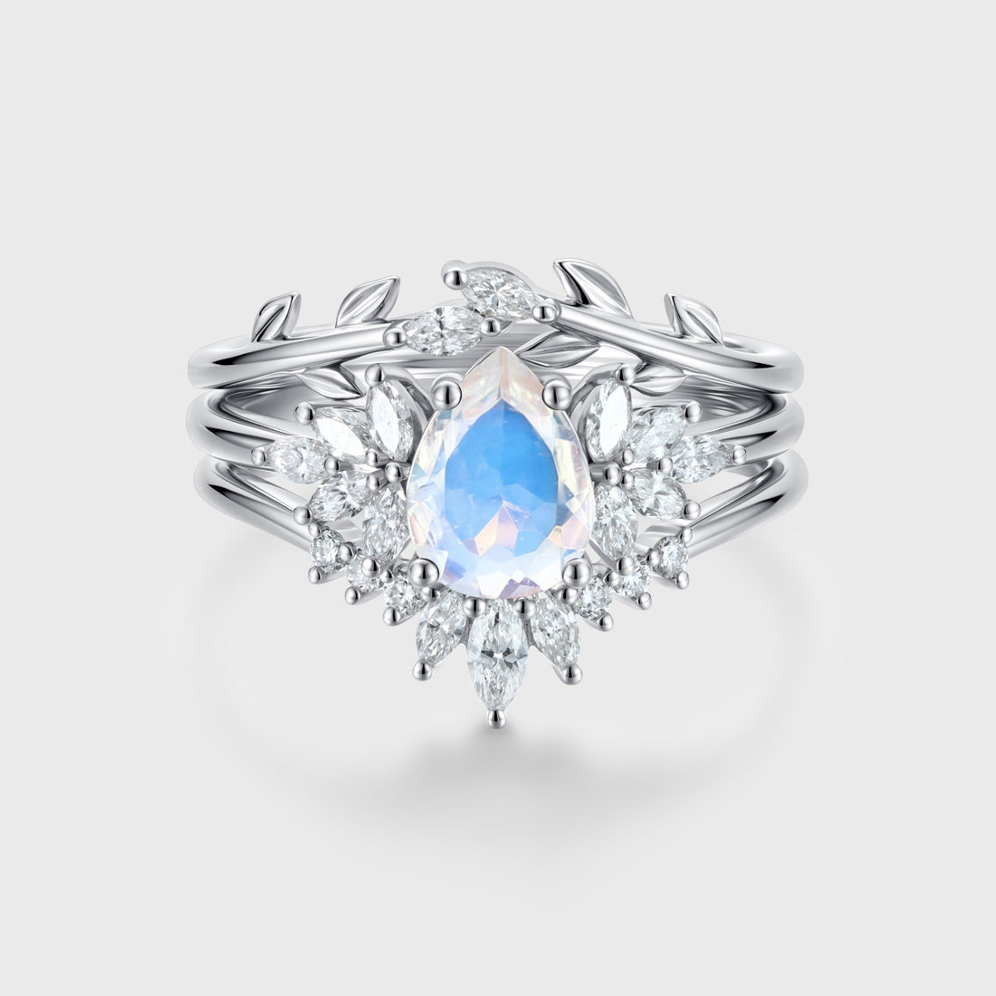 3PCS Pear Moonstone Cluster Engagement Ring Bridal Set