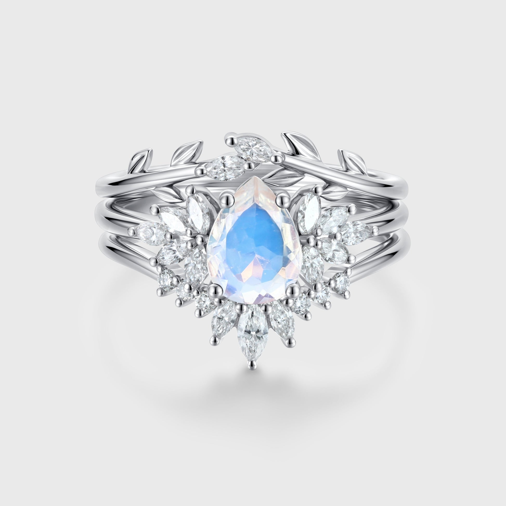 3PCS Pear Moonstone Cluster Engagement Ring Bridal Set