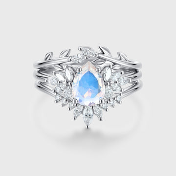 3PCS Pear Moonstone Cluster Engagement Ring Bridal Set
