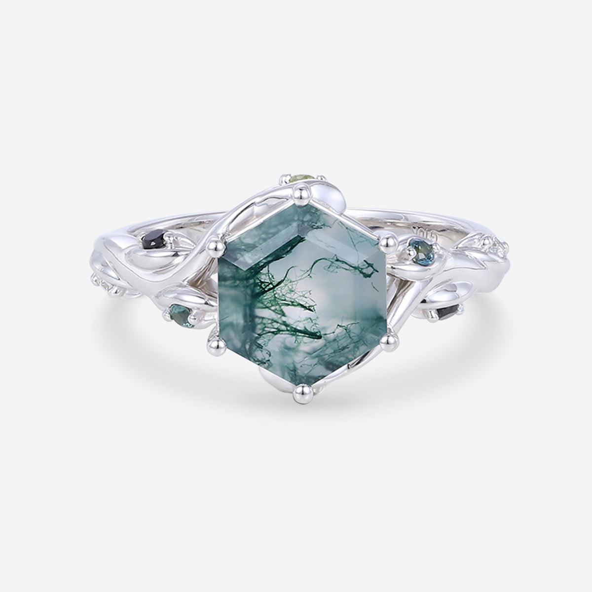 Inspired Hexagon Cut Natural Green Moss Agate  Engagement Ring