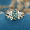 Nature Inspired Pear cut Moss Agate Leaf Gold Wedding bridal set