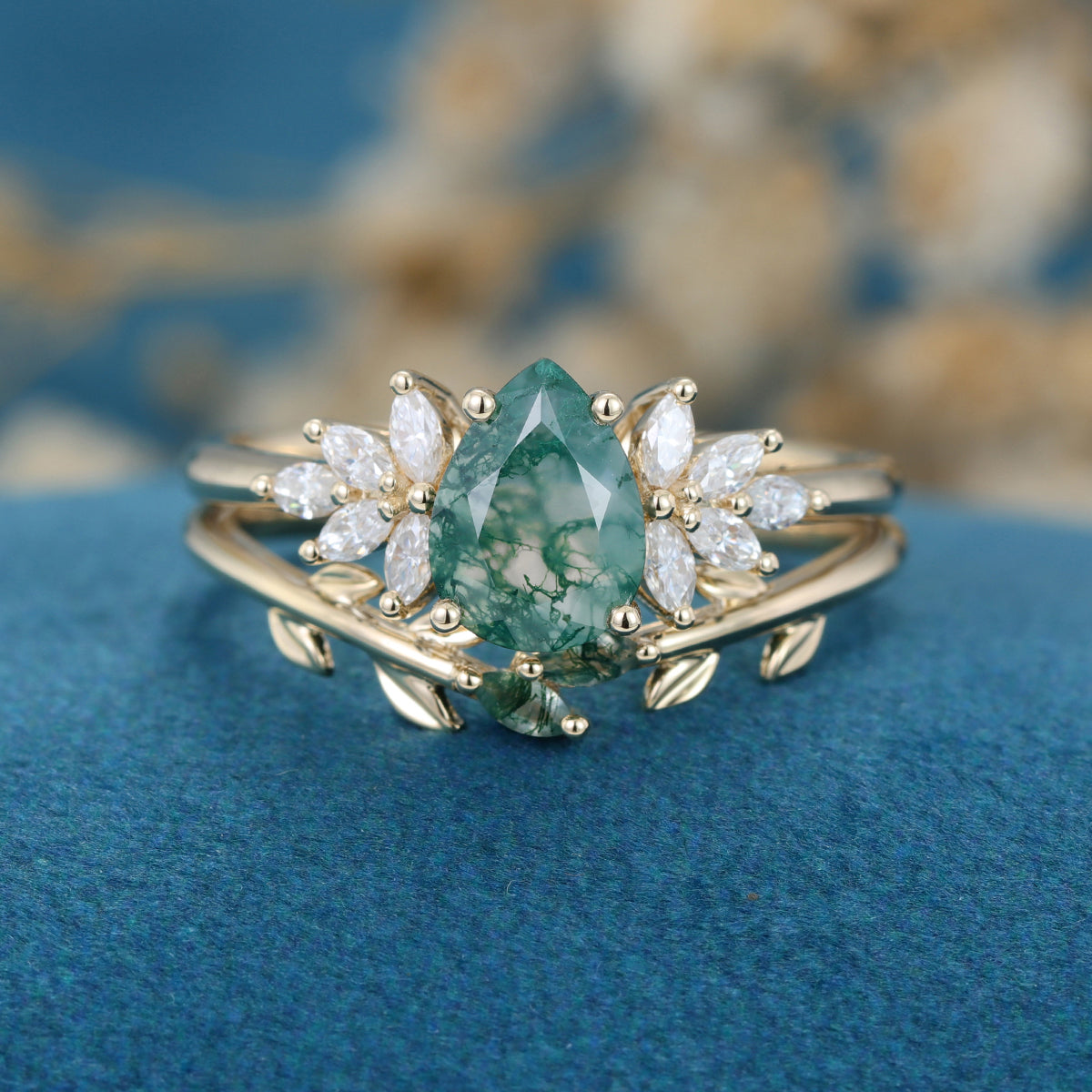 Nature Inspired Pear cut Moss Agate Leaf Gold Wedding bridal set