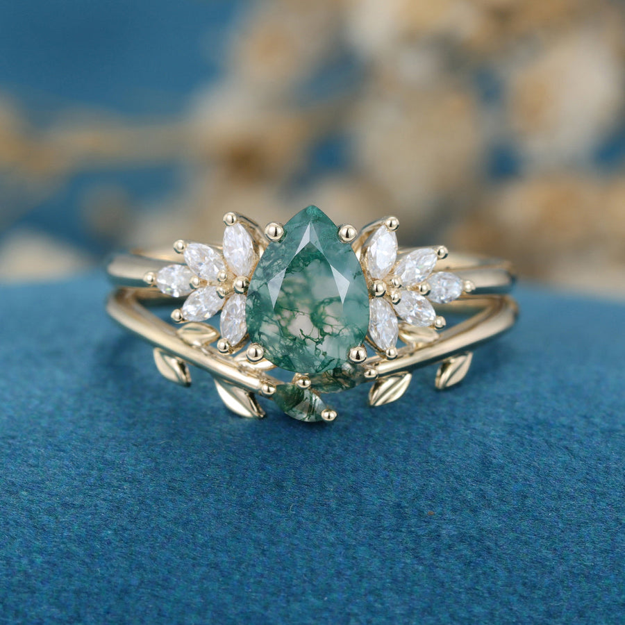 Nature Inspired Pear cut Moss Agate Leaf Gold Wedding bridal set