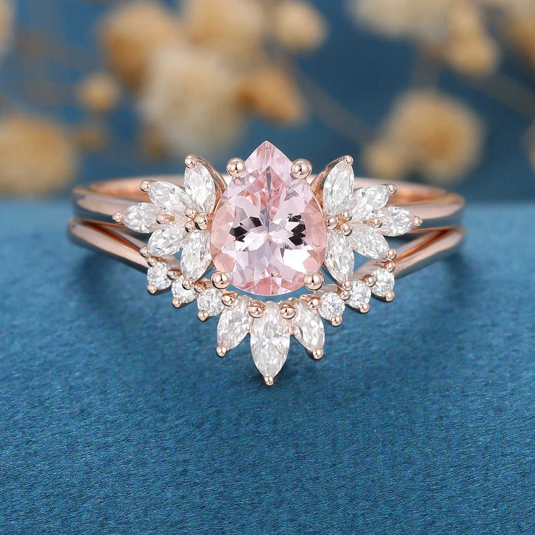 Pear cut Morganite Cluster Engagement ring Bridal Set