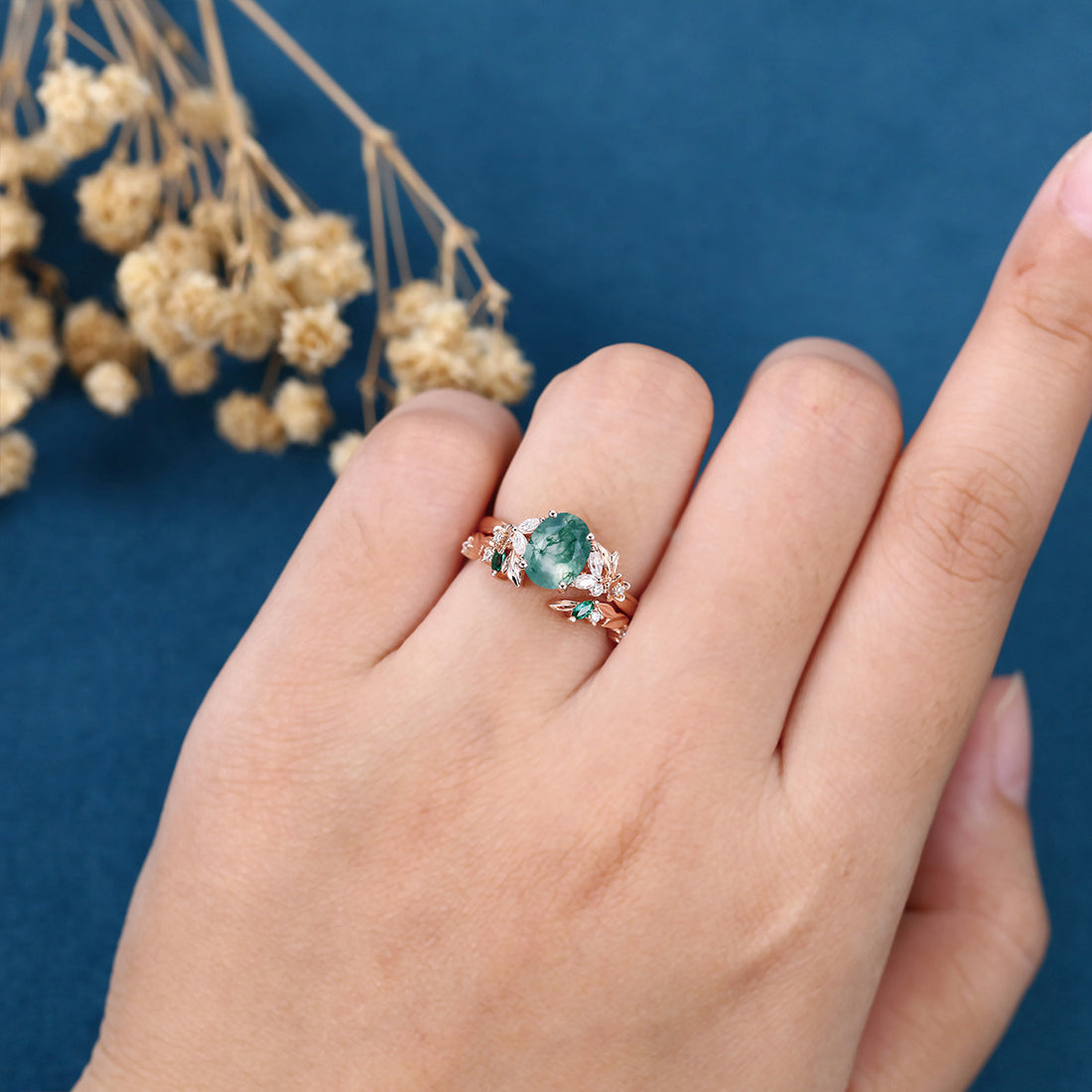 1.2Carat Oval Cut Moss Agate Cluster Engagement ring Bridal Set (Copy)