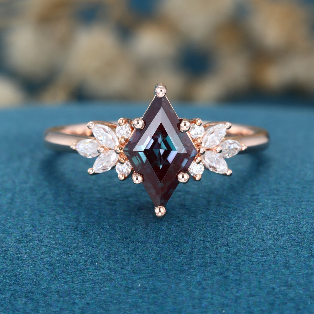 Lozenge cut Lab Alexandrite Solid Gold Engagement Ring