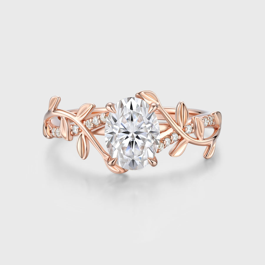 Nature Inspired Oval cut Moissanite Leaf Gold Engagement Ring