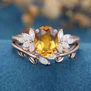 Oval cut Citrine Cluster Engagement ring Bridal Set 