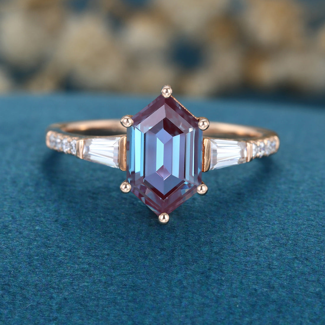 Hexagon cut Lab Alexandrite Solid Gold Engagement Ring