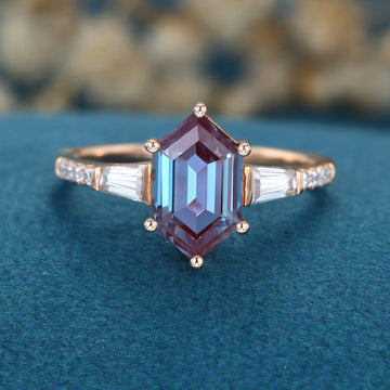Hexagon cut Lab Alexandrite Solid Gold Engagement Ring