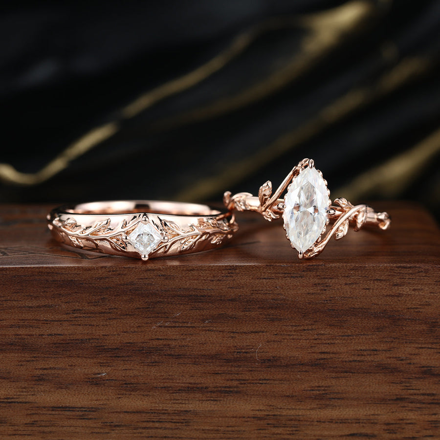 Nature Inspired Moissanite Couple Rings | D Color VVS1 | Rose Gold Leaf Wedding Bridal Set (Copy)