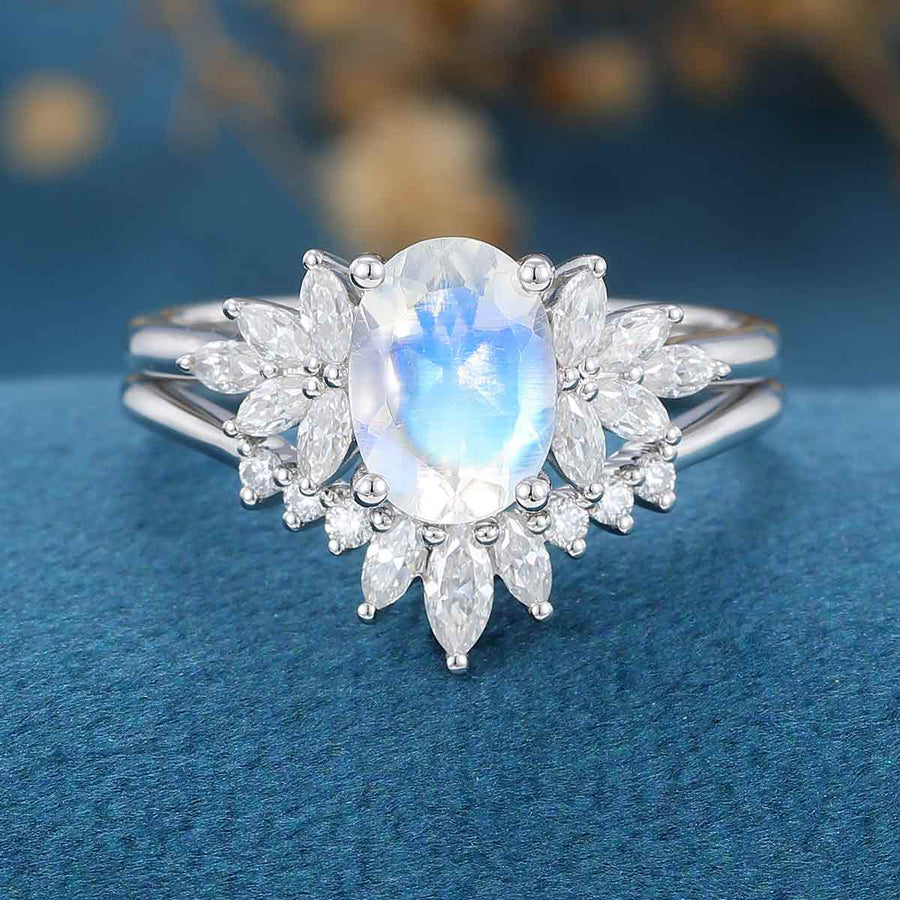 Oval cut Moonstone | Moissanite Cluster Engagement Bridal Set