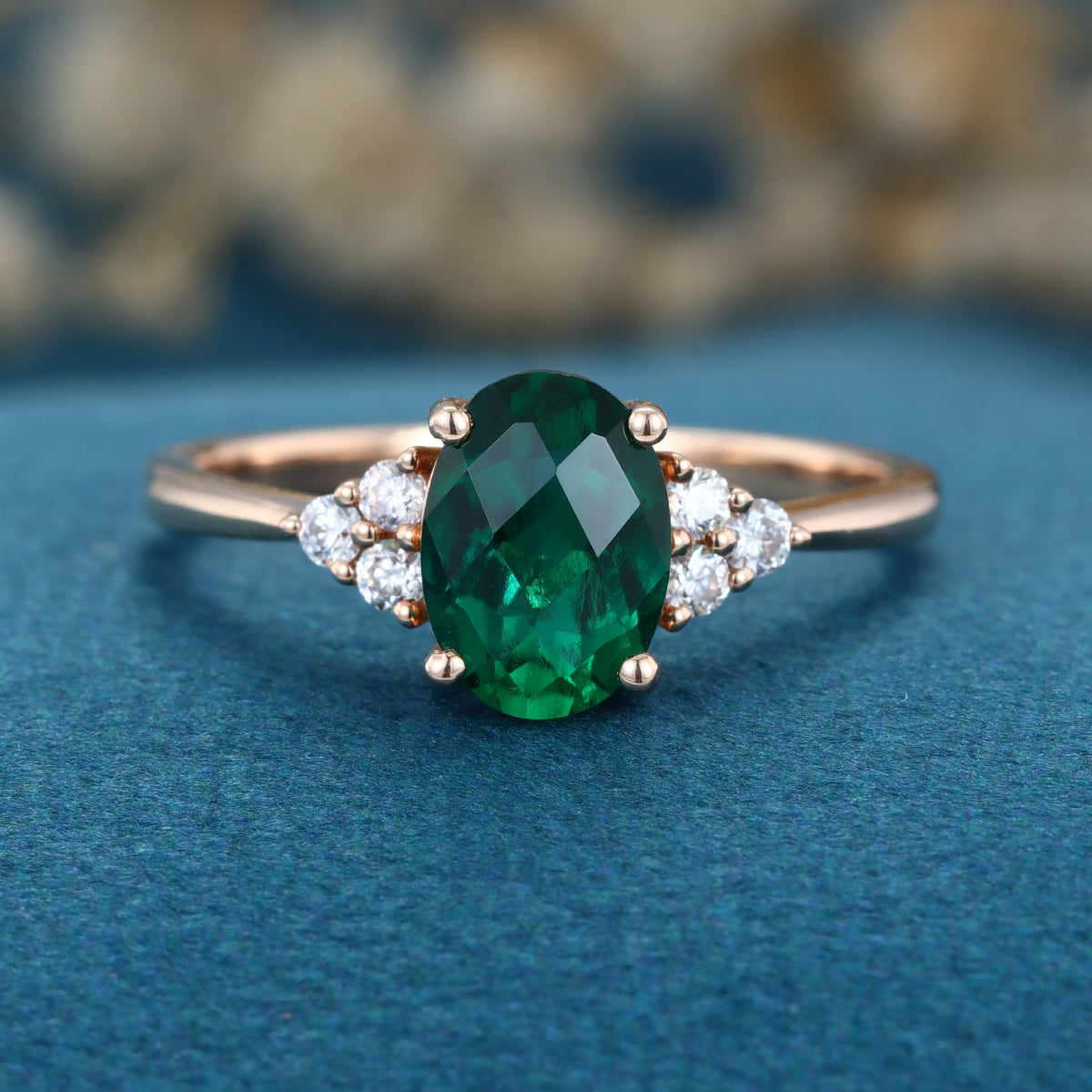 Oval cut Lab grown Emerald Solid Gold Engagement Ring