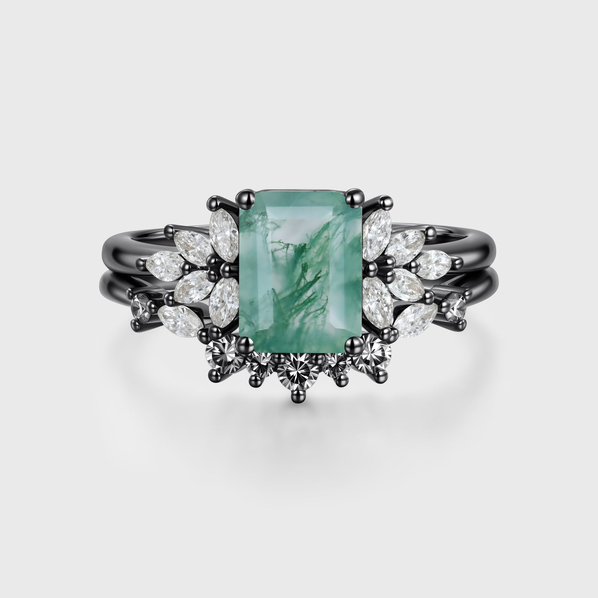 Emerald cut Moss Agate Engagement ring Bridal Set