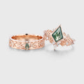 Kite Moss Agate Couples Ring Set- His and Hers Wedding Band Solid Gold Matching Promise Rings