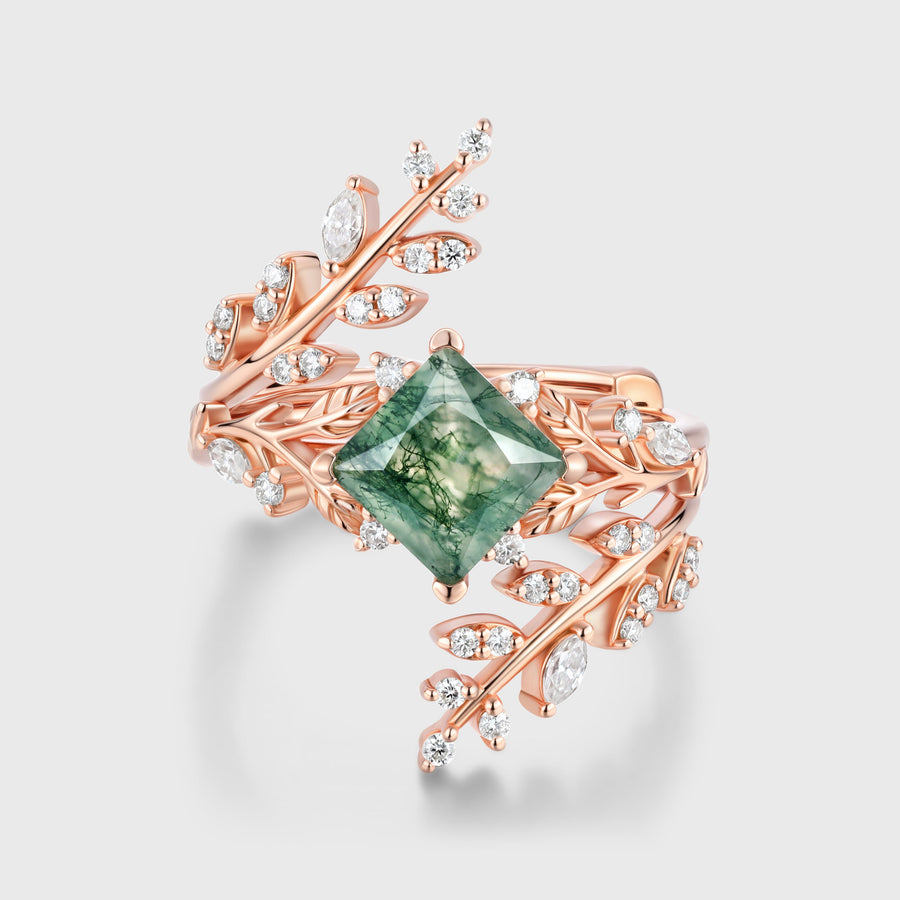 Princess cut Moss Agate Side Stone Wedding Bridal Set