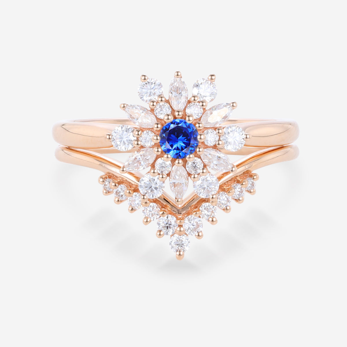 Round Cut Lab Sapphire Halo Engagement ring Bridal Set