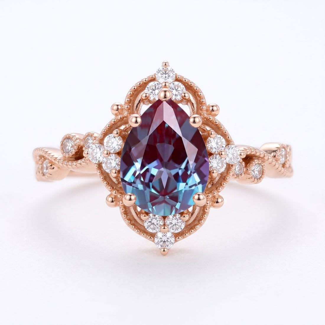 Nature Inspired Pear cut Lab Alexandrite Engagement Ring
