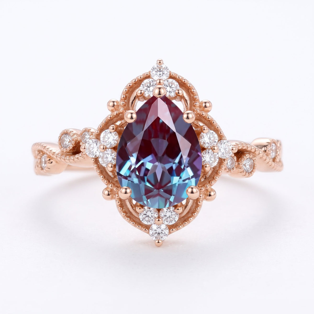 Nature Inspired Pear cut Lab Alexandrite Engagement Ring
