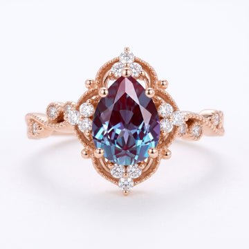 Nature Inspired Pear cut Lab Alexandrite Engagement Ring