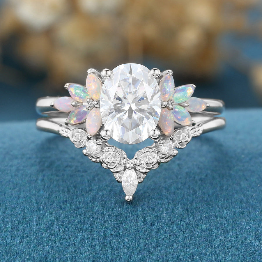 Oval Cut Moissanite+Opal Rose Gold Wedding Bridal set