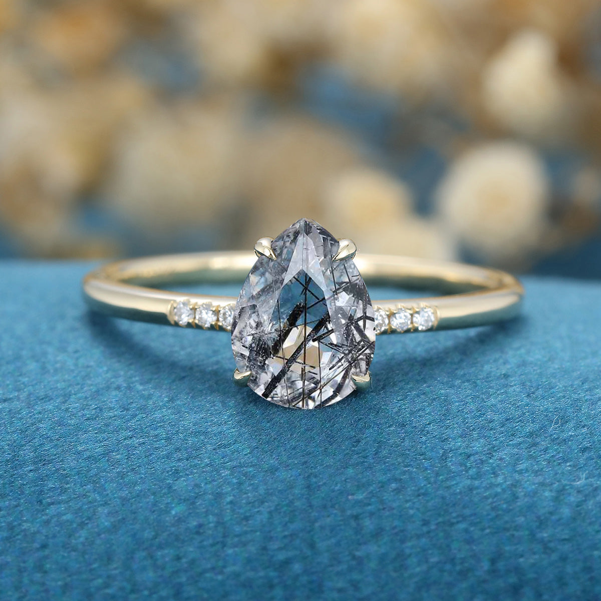 Pear cut Black Rutilated Quartz Engagement ring