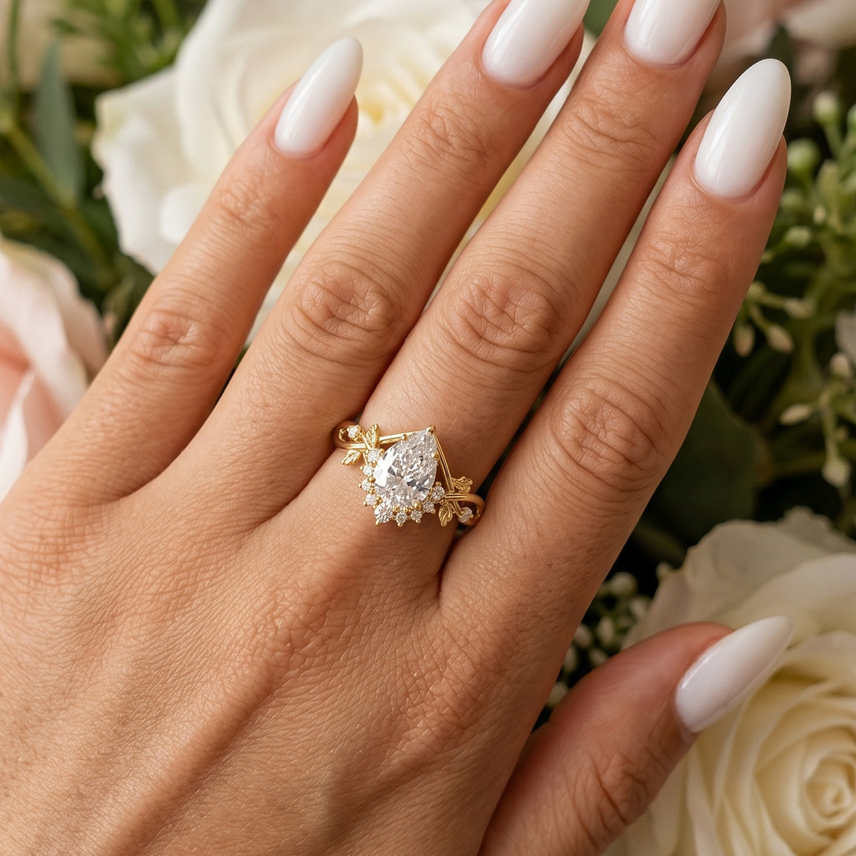 1.0CT~5.0ct  Pear cut Lab grown Diamond Twisted Shank Leaf Engagement Ring