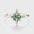 Bezel Set Princess Cut Moss Agate Halo Moissanite | Diamond Gold Engagement Ring