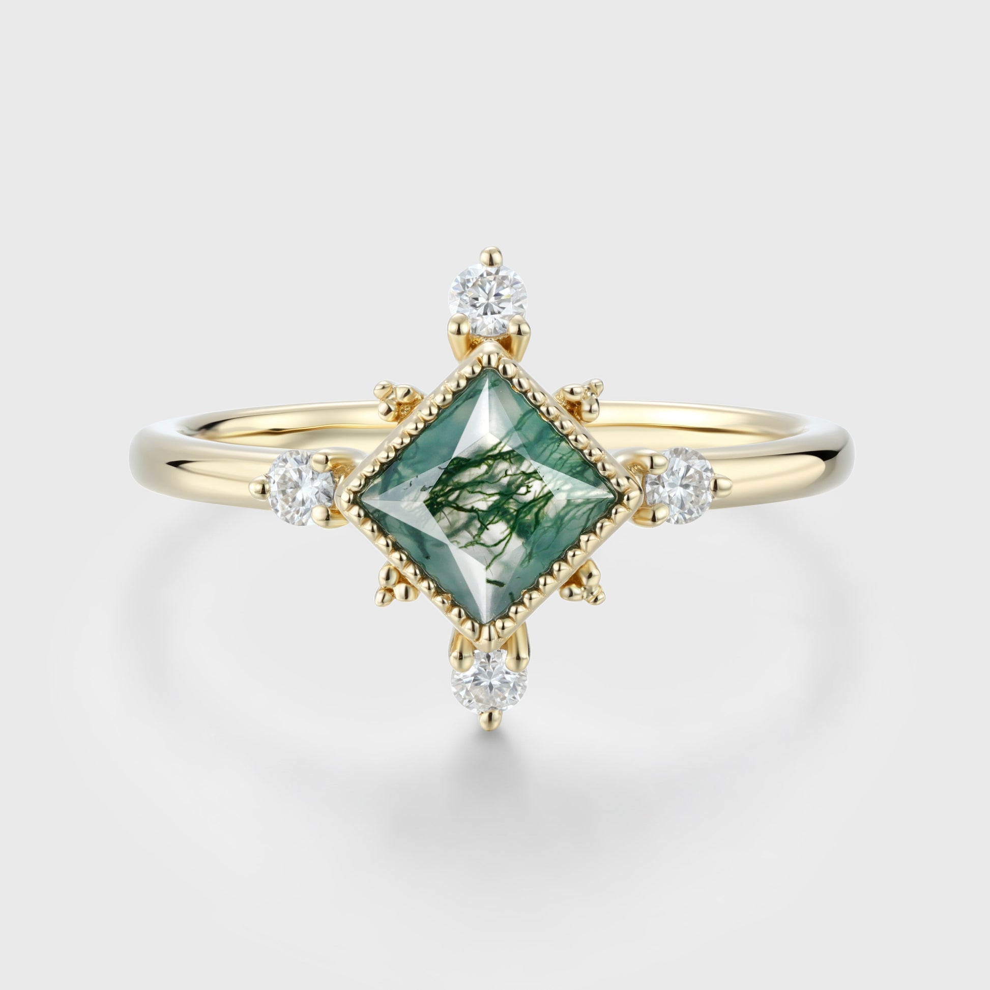 Bezel Set Princess Cut Moss Agate Halo Moissanite | Diamond Gold Engagement Ring