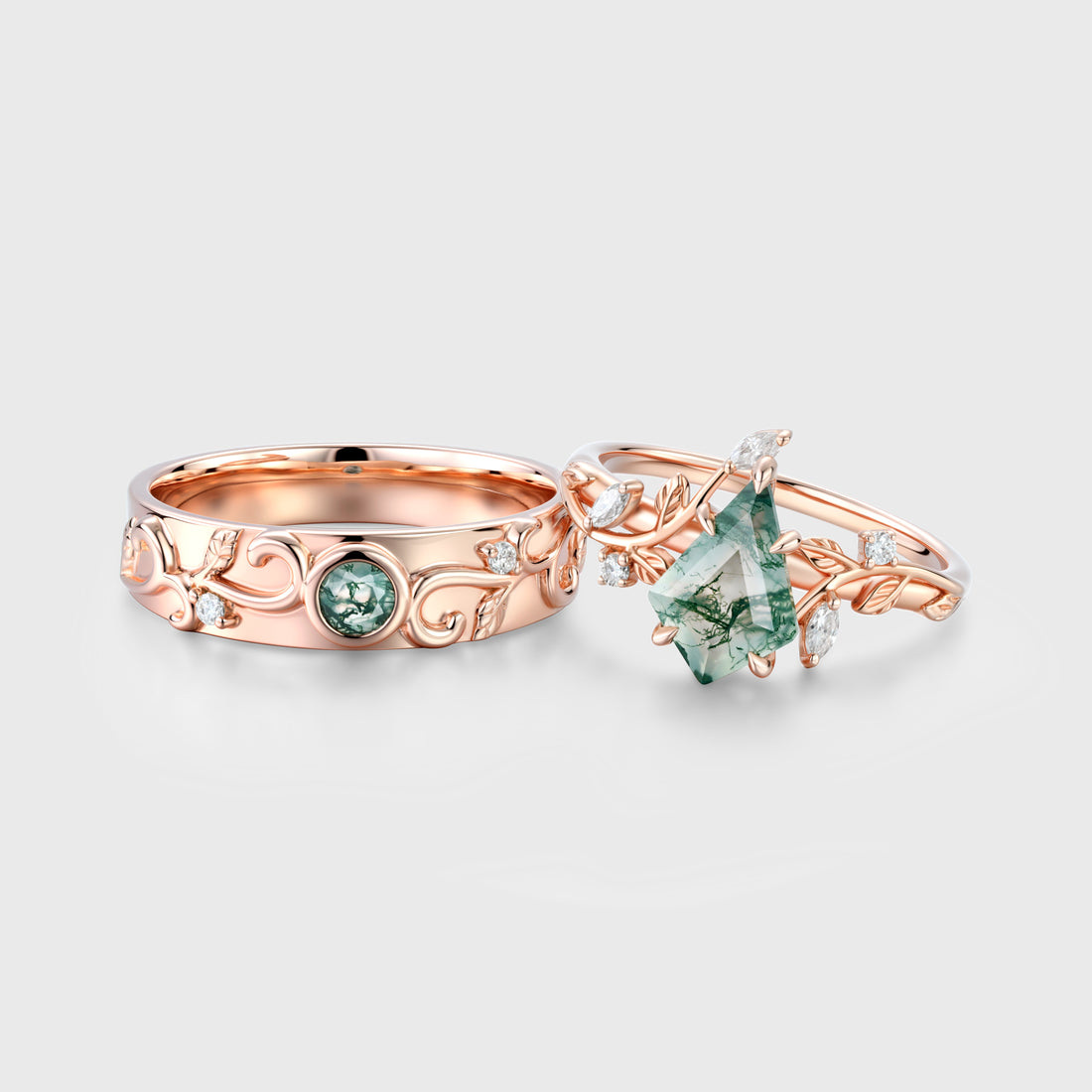 Kite Green Moss Agate & Whiskey Barrel Couples Ring Set- His and Hers Wedding Band Rose Gold Matching Promise Rings