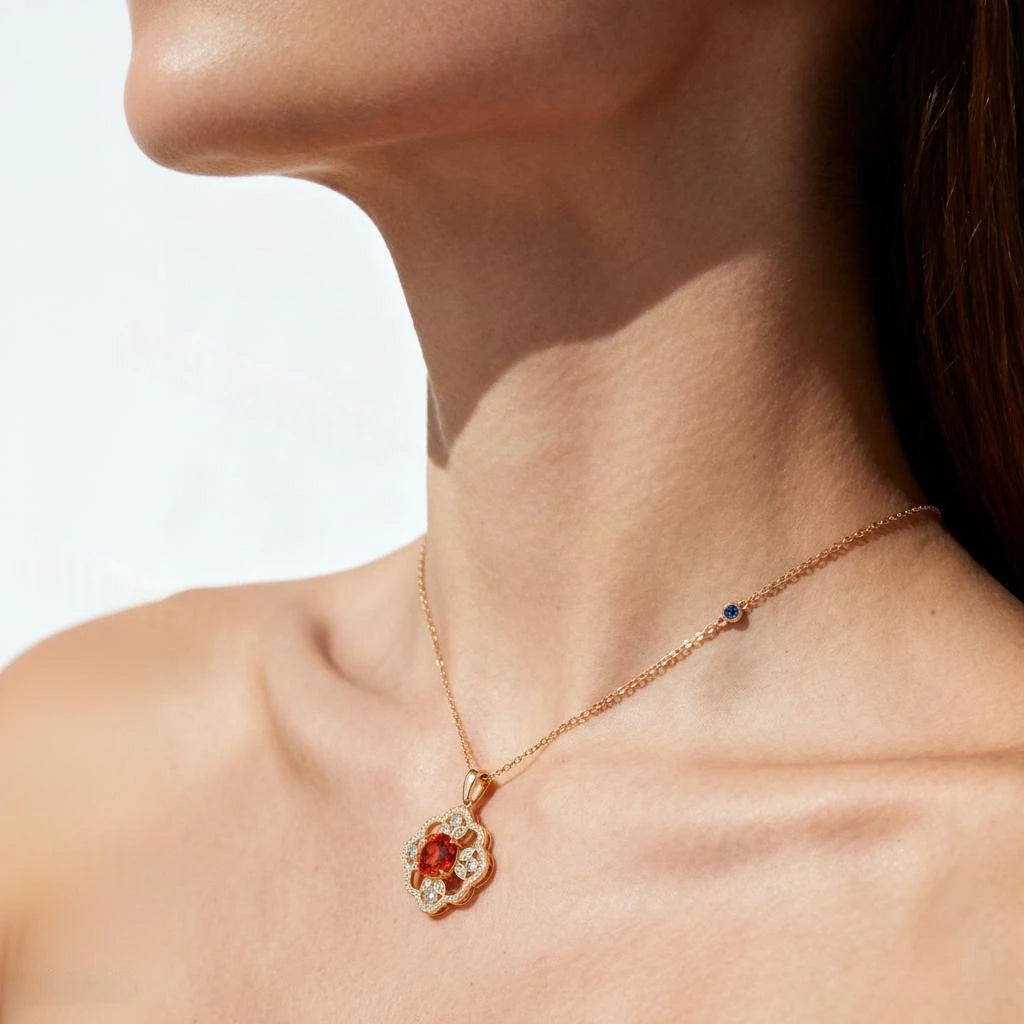 Round cut Spinel Pendant Necklace with Diamonds Halo Accents