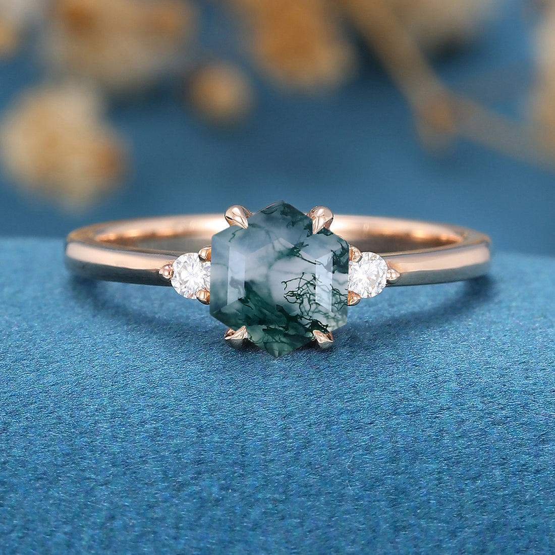 Hexagon Cut Natural Green Moss Agate Cluster Engagement Ring 